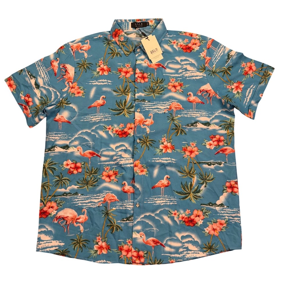 SSLR Mens Flamingo Tropical‎ Hawaiian Shirt Blue Short Sleeve 2XL AFD168-174 NWT